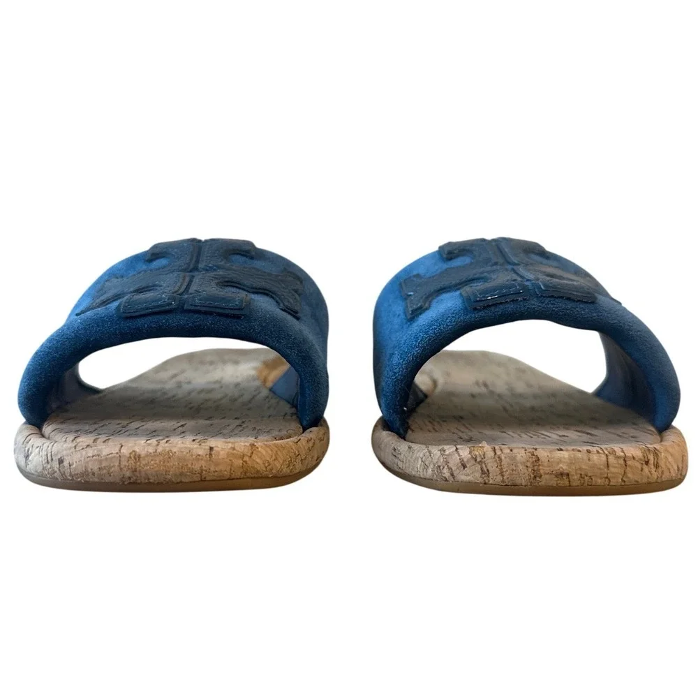 Tory Burch Blue‎ Suede Cork Slide Sandals Double T Logo Patent Sz 7.5